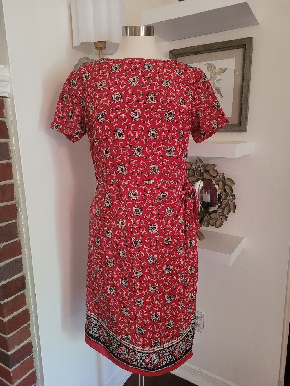 Coldwater Creek Silk Red Paisley Short-Sleeve Wrap Dress 12 Pitite